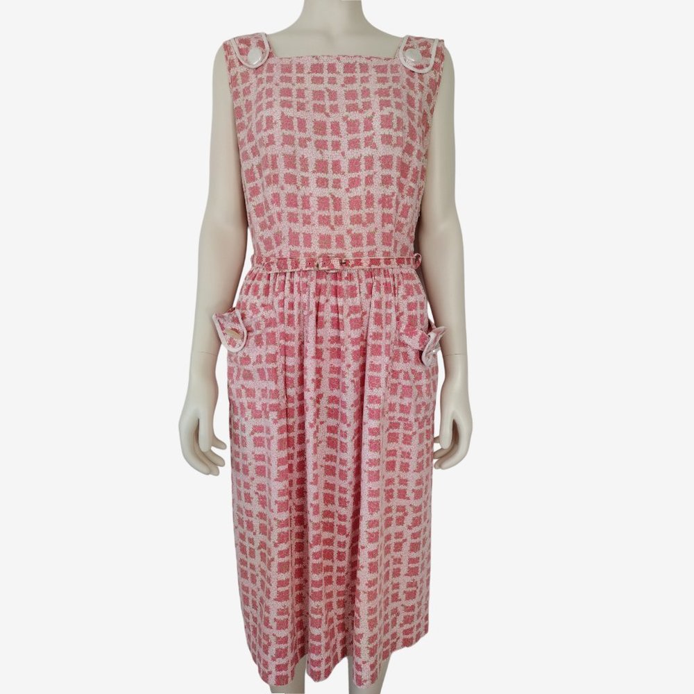 Vintage 1950s Pink Cotton Floral Sleeveless Midi Day Dress With Pockets
